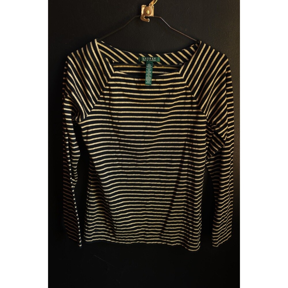 Lauren Ralph Lauren Black Gold Metallic Striped Long Sleeve Knit Top Large